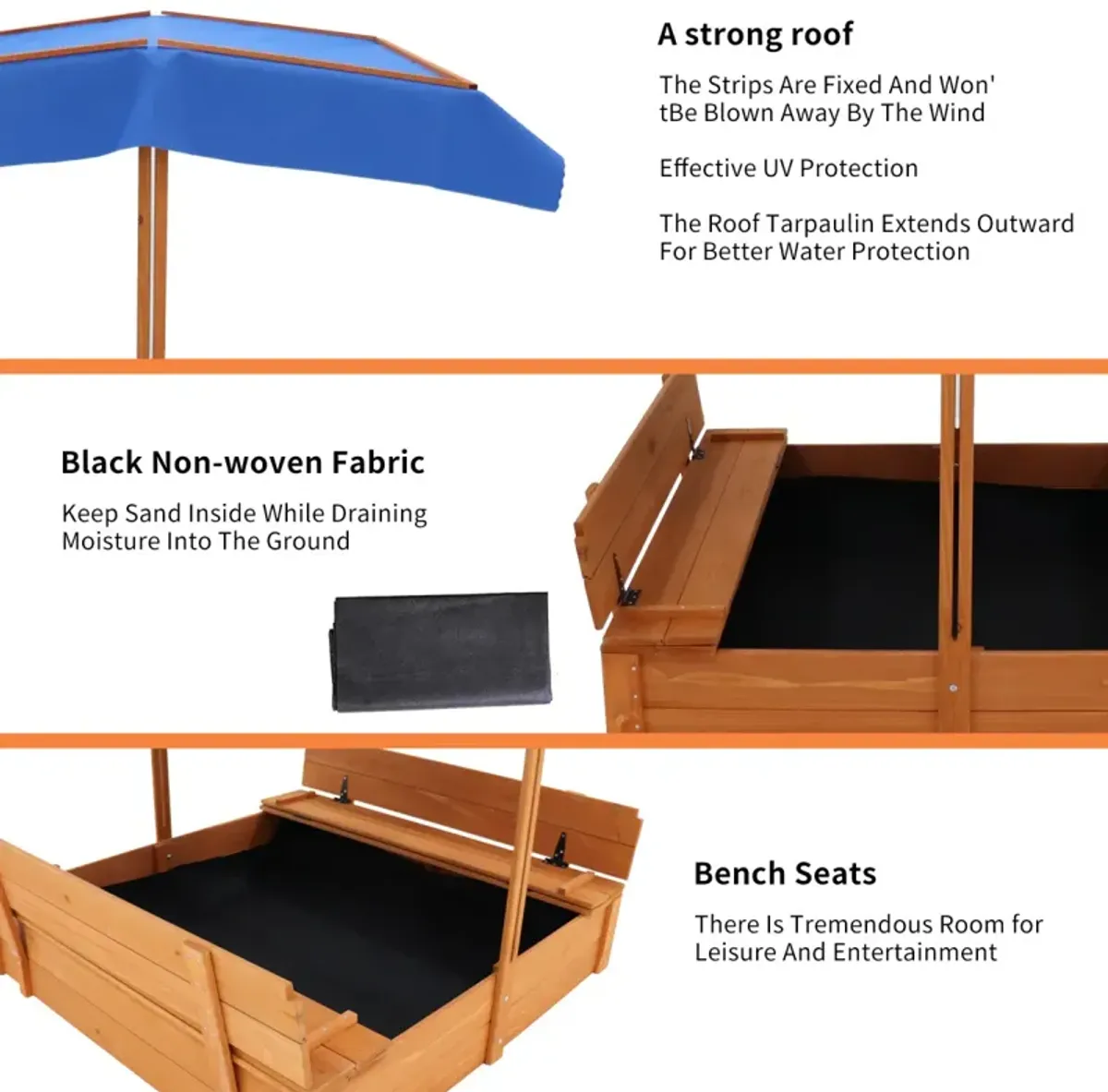 Wood Sandbox with cover and 2 bench seats, ages 3-8