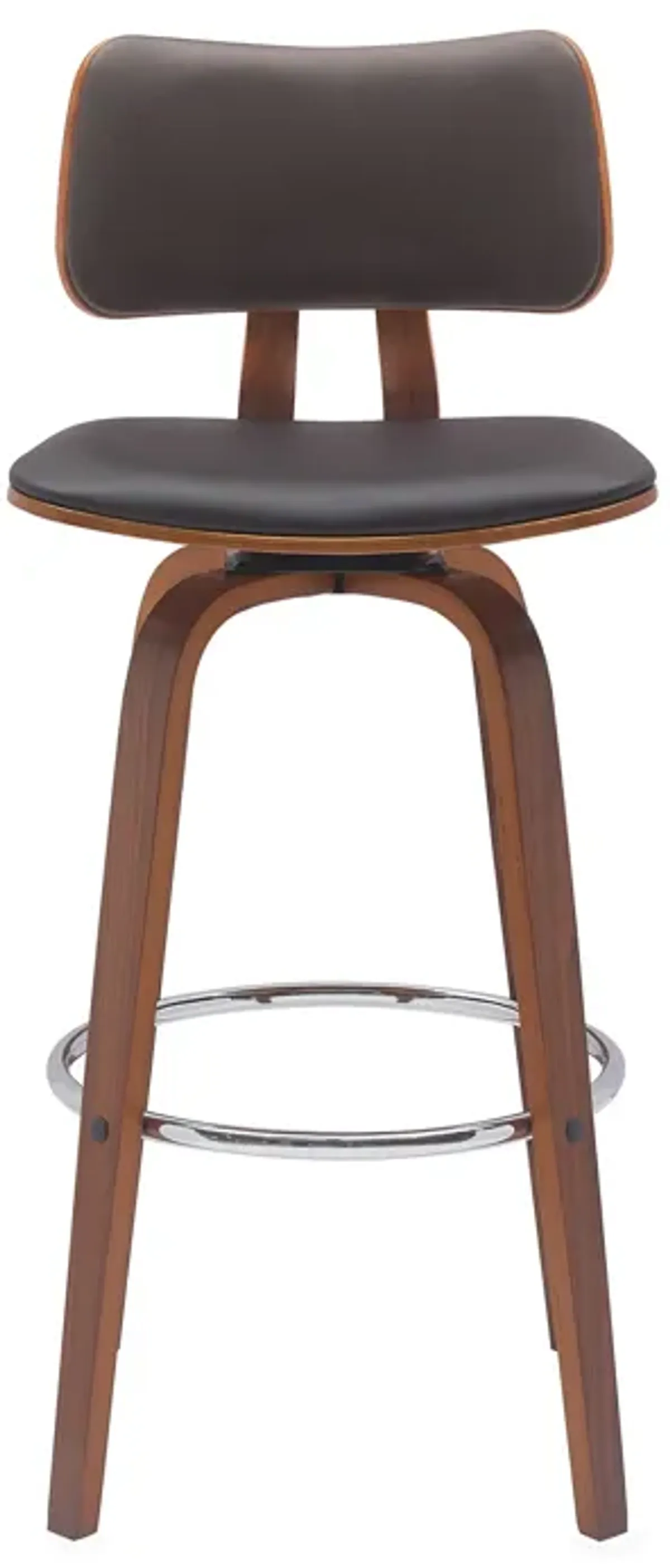 Pino 30 Inch Swivel Barstool Chair, Brown Faux Leather Walnut Brown Wood - Benzara