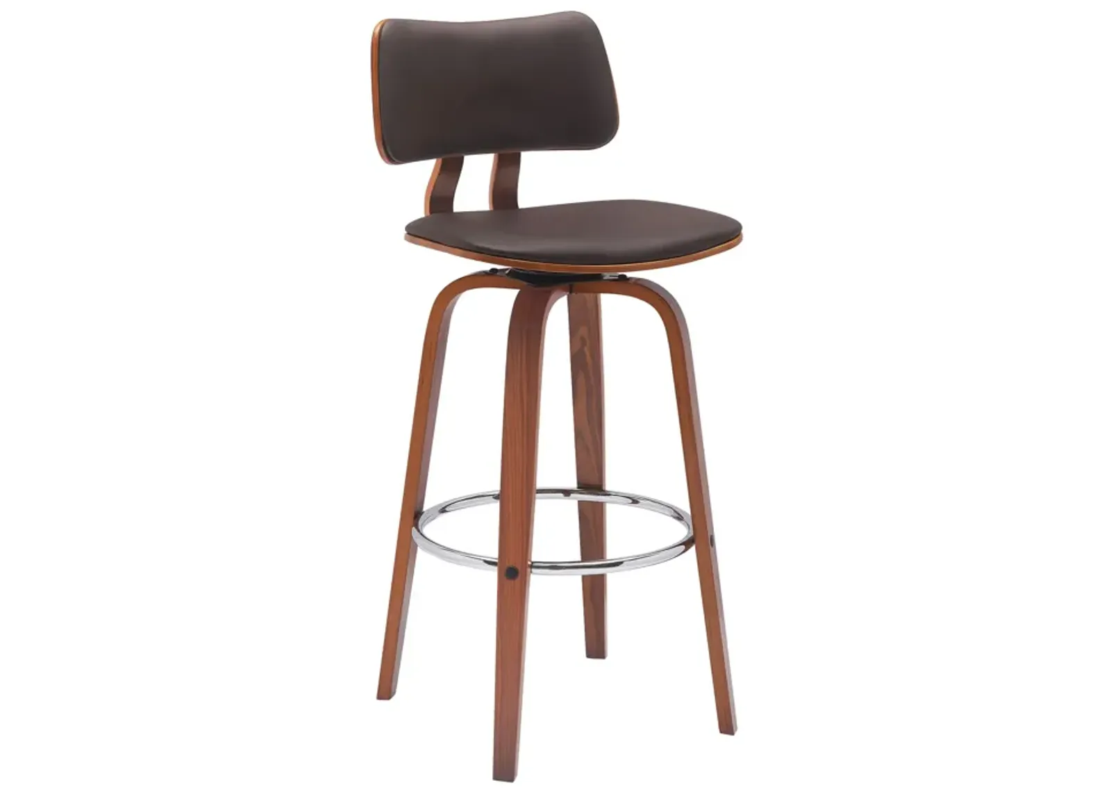 Pino 30 Inch Swivel Barstool Chair, Brown Faux Leather Walnut Brown Wood - Benzara