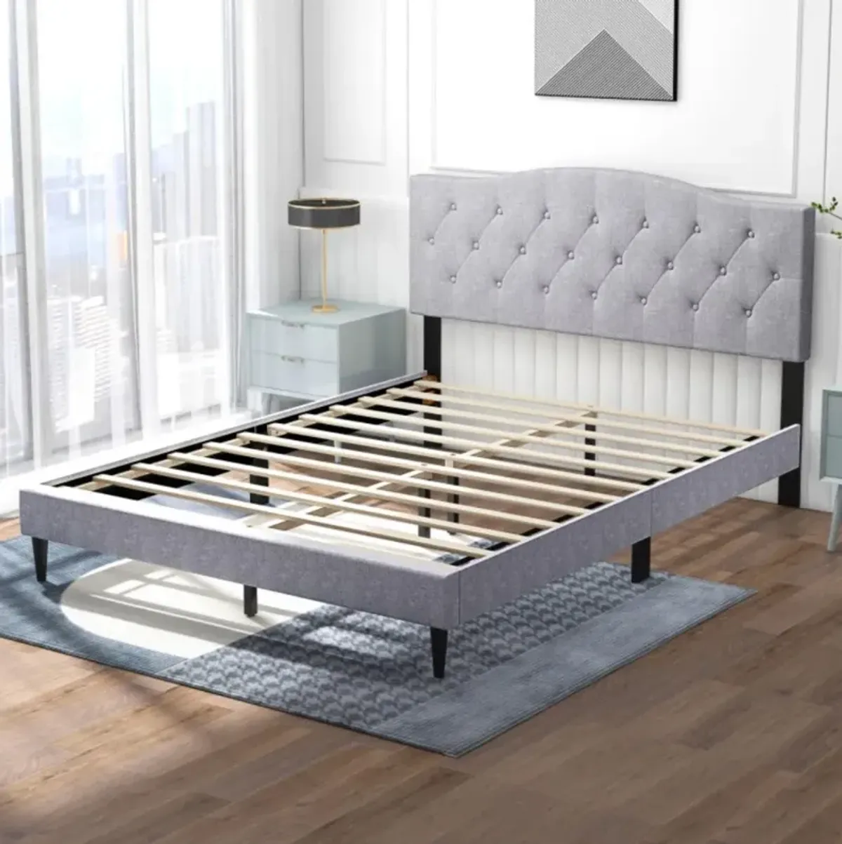 Hivvago Queen Size Upholstered Platform Bed with Button Tufted Headboard