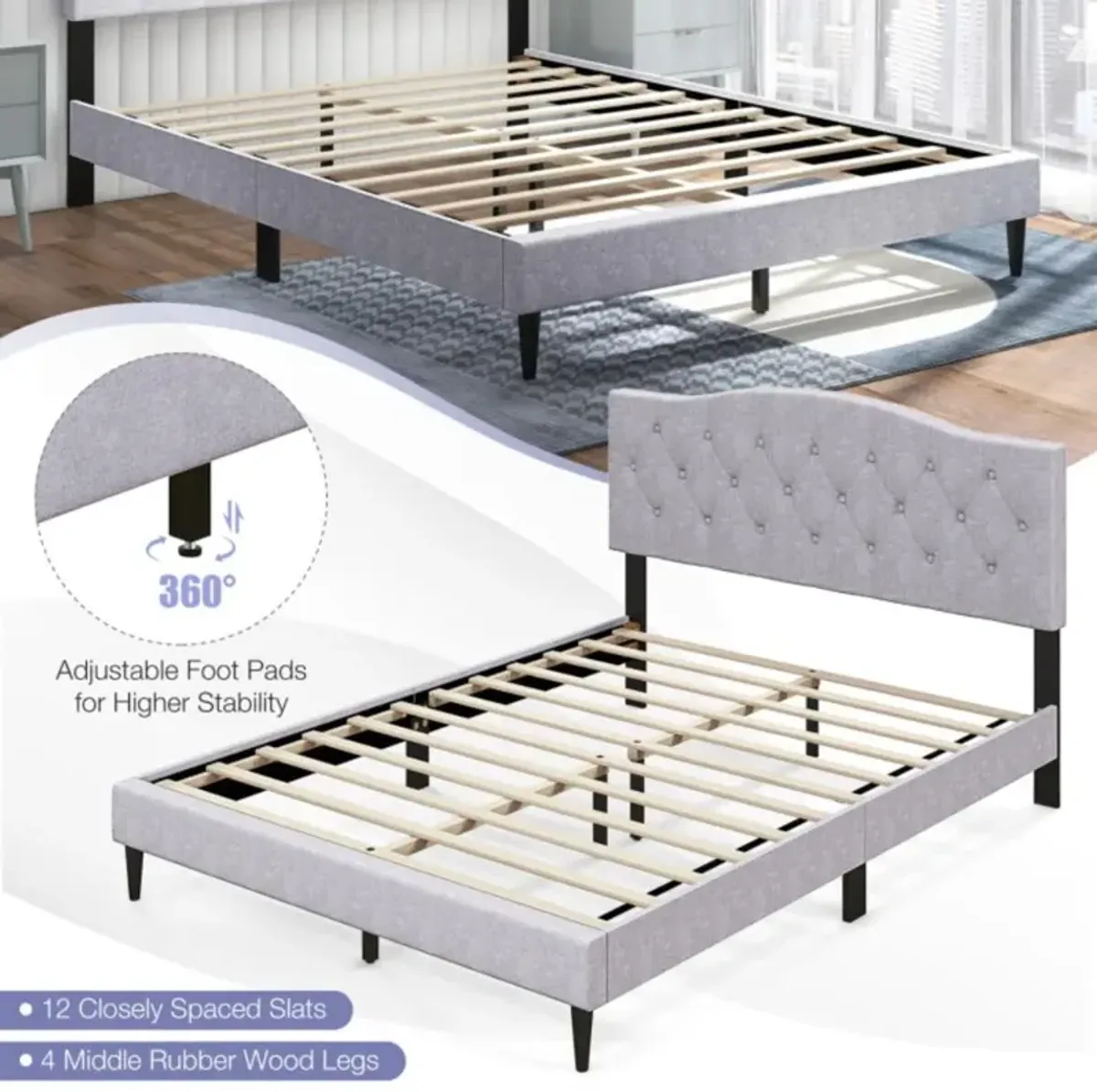 Hivvago Queen Size Upholstered Platform Bed with Button Tufted Headboard