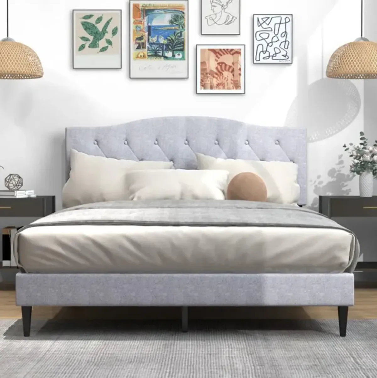 Hivvago Queen Size Upholstered Platform Bed with Button Tufted Headboard