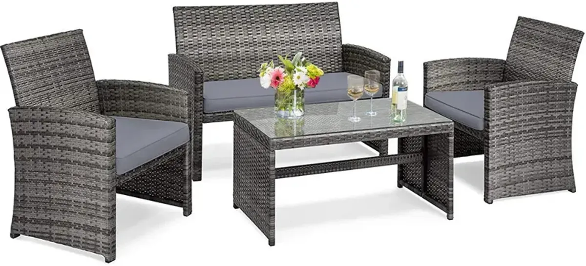 4 Pcs Patio Rattan Furniture Set Top Sofa With Glass Table