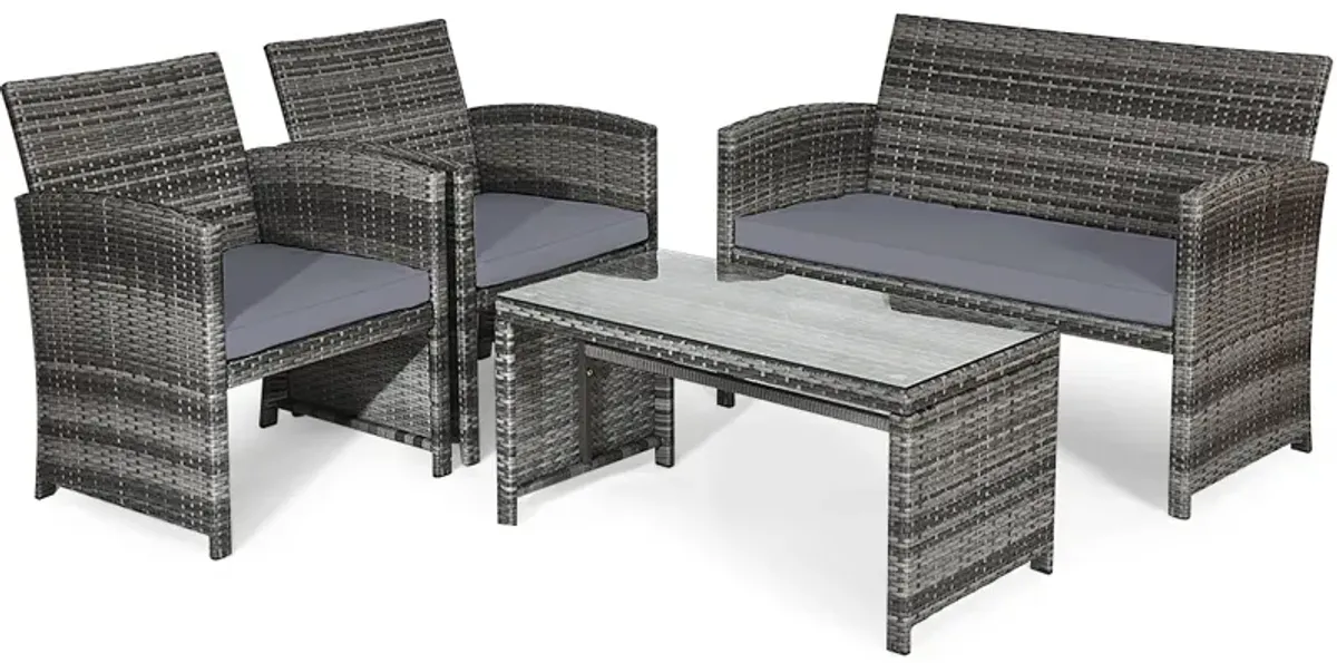 4 Pcs Patio Rattan Furniture Set Top Sofa With Glass Table