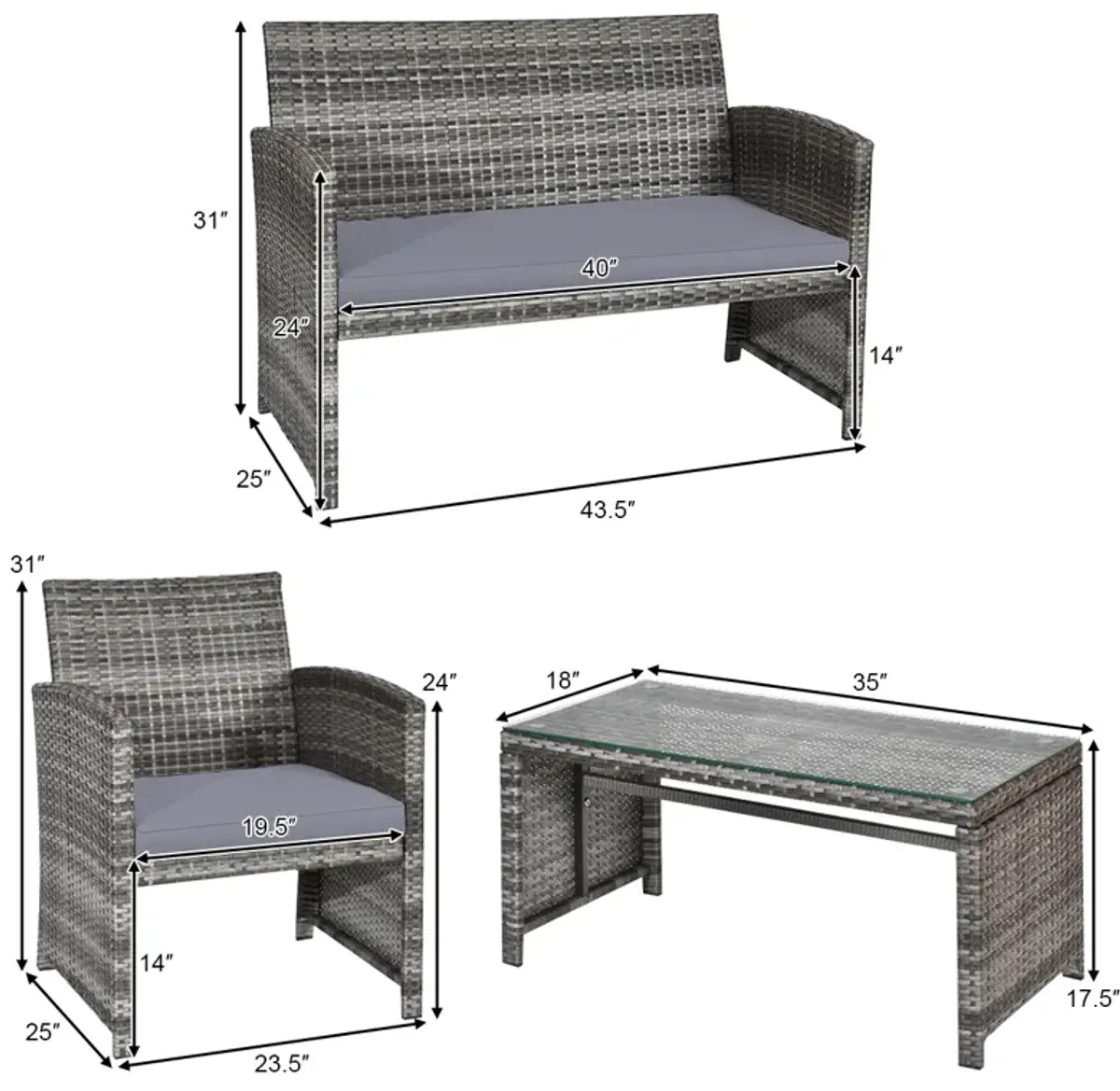 4 Pcs Patio Rattan Furniture Set Top Sofa With Glass Table