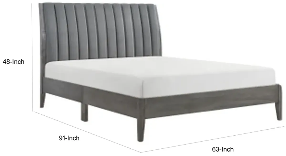 Queen Size Platform Bed, Channel Tufted Upholstered Back, Gray Velvet - Benzara