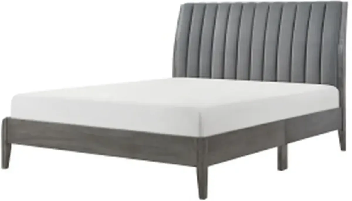 Queen Size Platform Bed, Channel Tufted Upholstered Back, Gray Velvet - Benzara