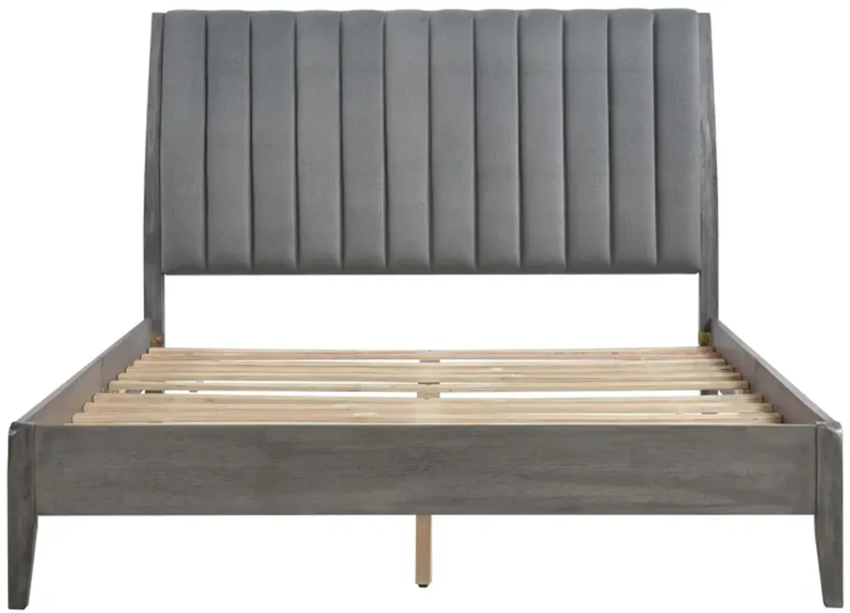 Queen Size Platform Bed, Channel Tufted Upholstered Back, Gray Velvet - Benzara