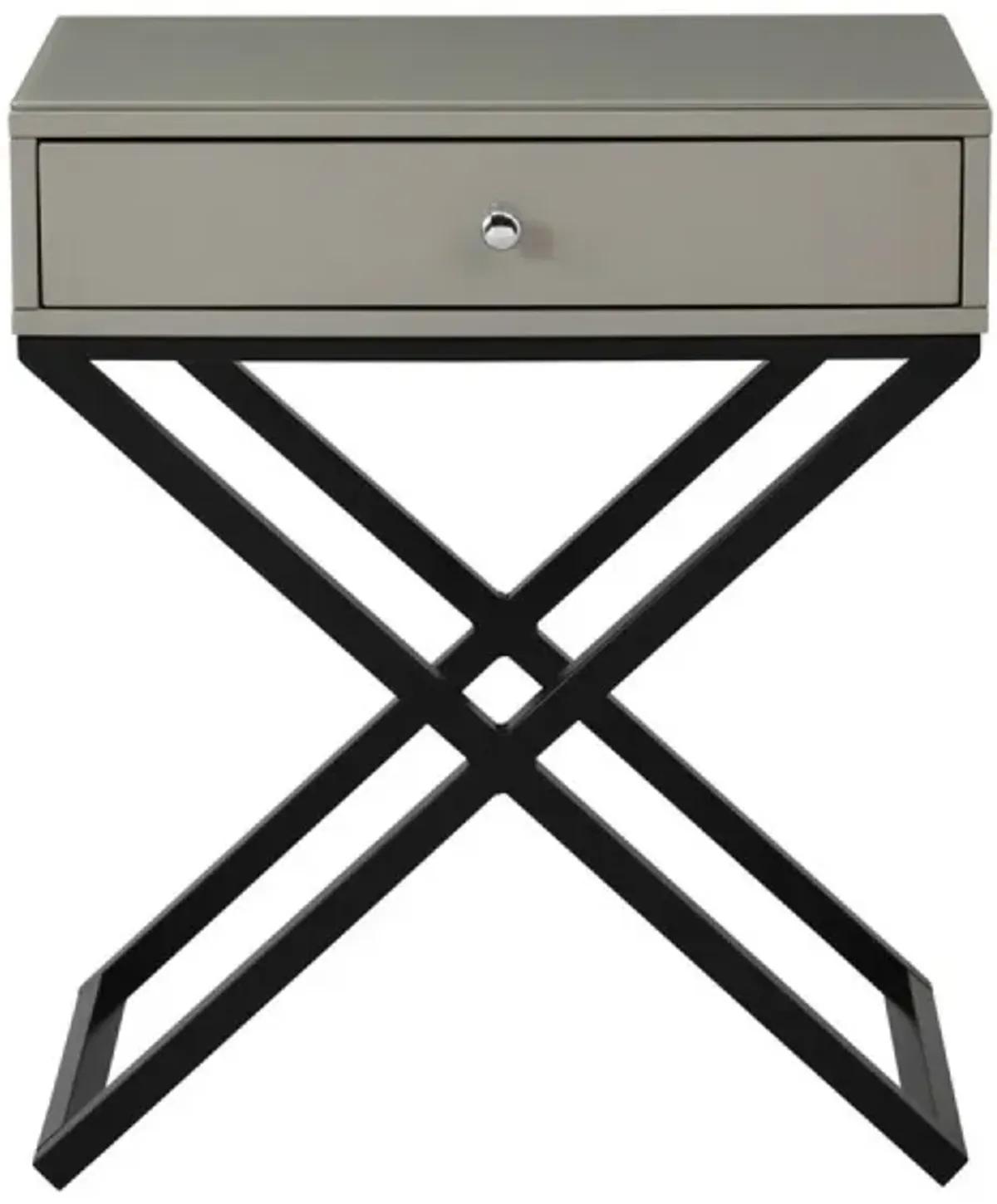 Koda Taupe Wooden End Side Table Nightstand with Glass Top, Drawer and Metal Cross Base