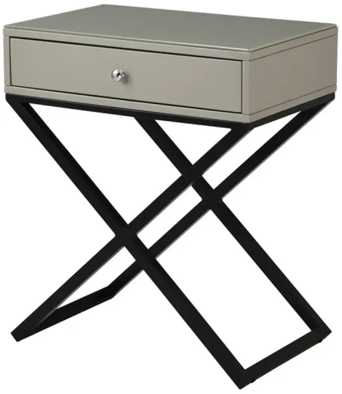 Koda Taupe Wooden End Side Table Nightstand with Glass Top, Drawer and Metal Cross Base