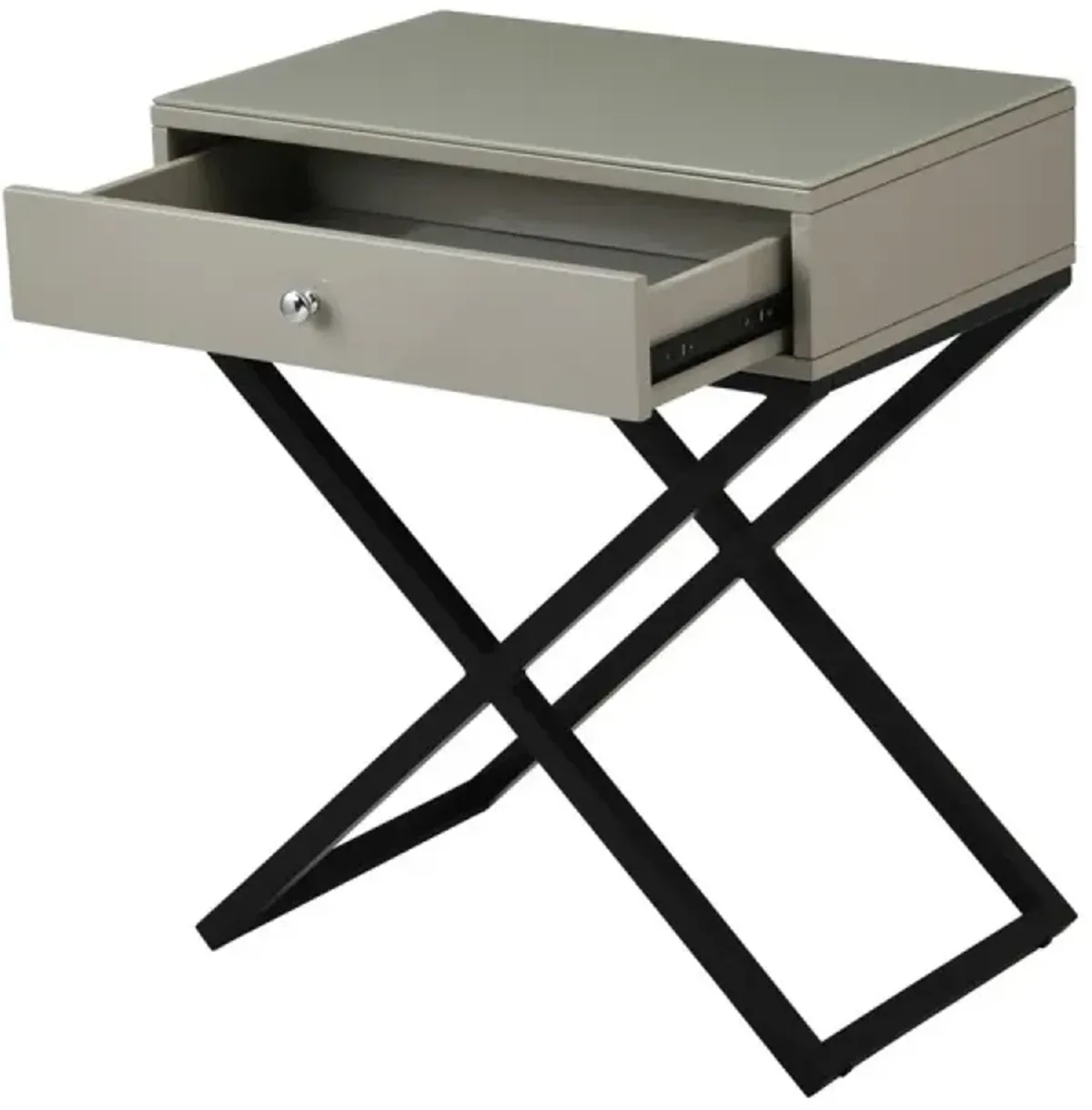 Koda Taupe Wooden End Side Table Nightstand with Glass Top, Drawer and Metal Cross Base