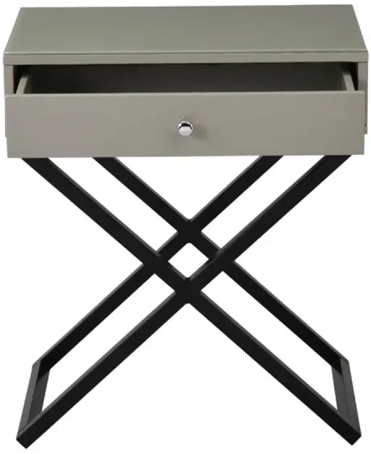 Koda Taupe Wooden End Side Table Nightstand with Glass Top, Drawer and Metal Cross Base