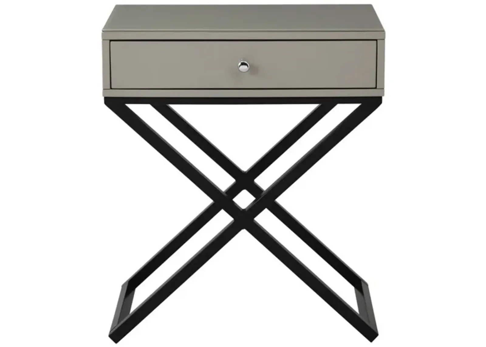 Koda Taupe Wooden End Side Table Nightstand with Glass Top, Drawer and Metal Cross Base