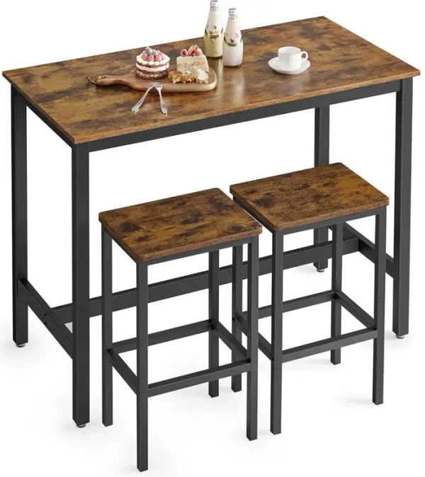 3pc Modern Bar Table Set with 2 Barstool Chairs, Black Metal Brown Wood - Benzara