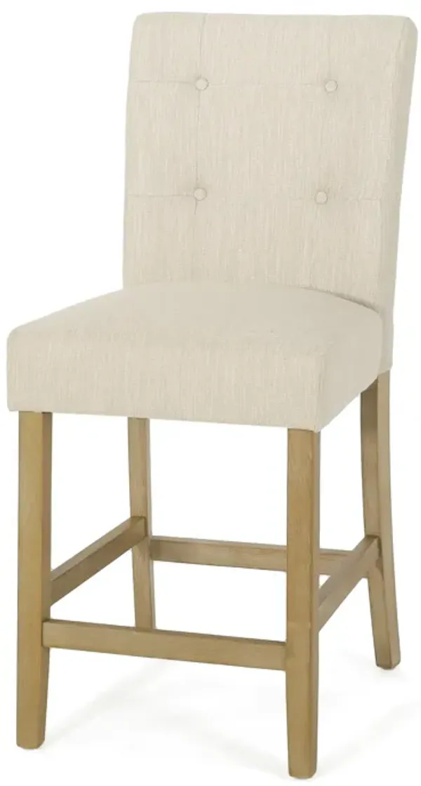 Sika Counter Stool Chair Set of 2, Button Tufted Beige Fabric, Brown Wood - Benzara