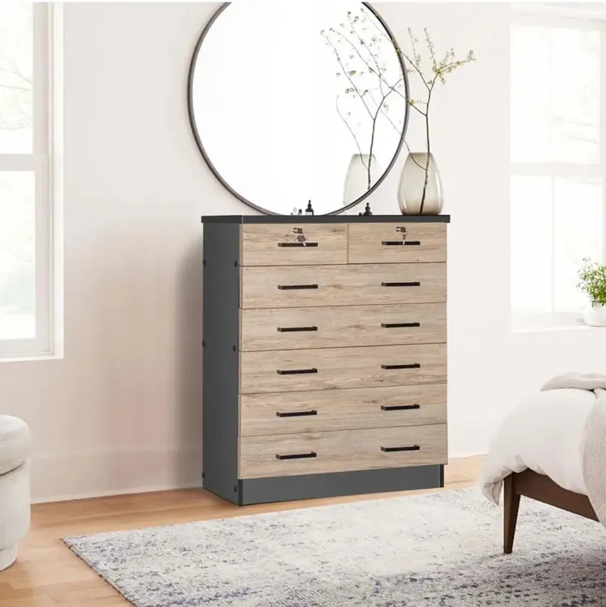 Better Home Products Cindy 7 Drawer Chest Wooden Dresser Natural Oak & Dark Gray