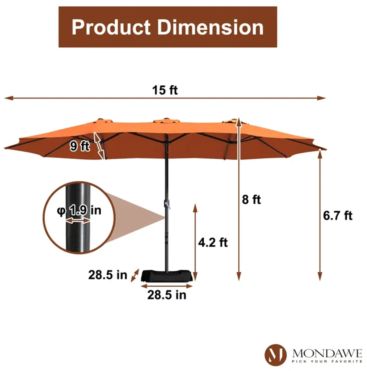 MONDAWE 15ft Rectangular Double-Sided Outdoor Patio Market Umbrella Coffee