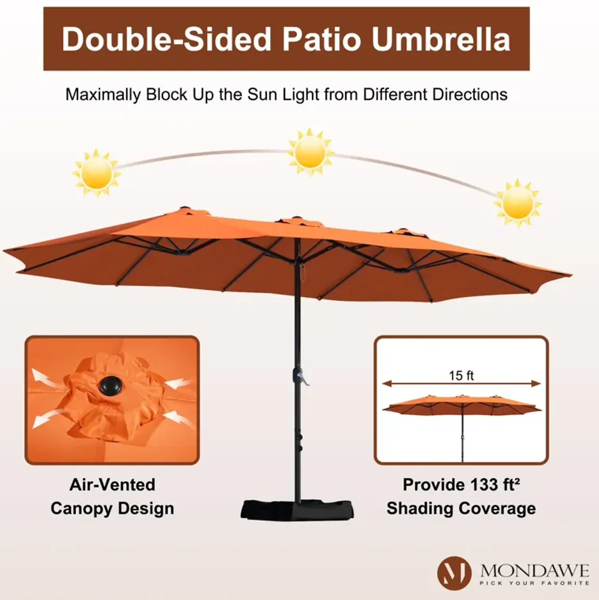 MONDAWE 15ft Rectangular Double-Sided Outdoor Patio Market Umbrella Coffee