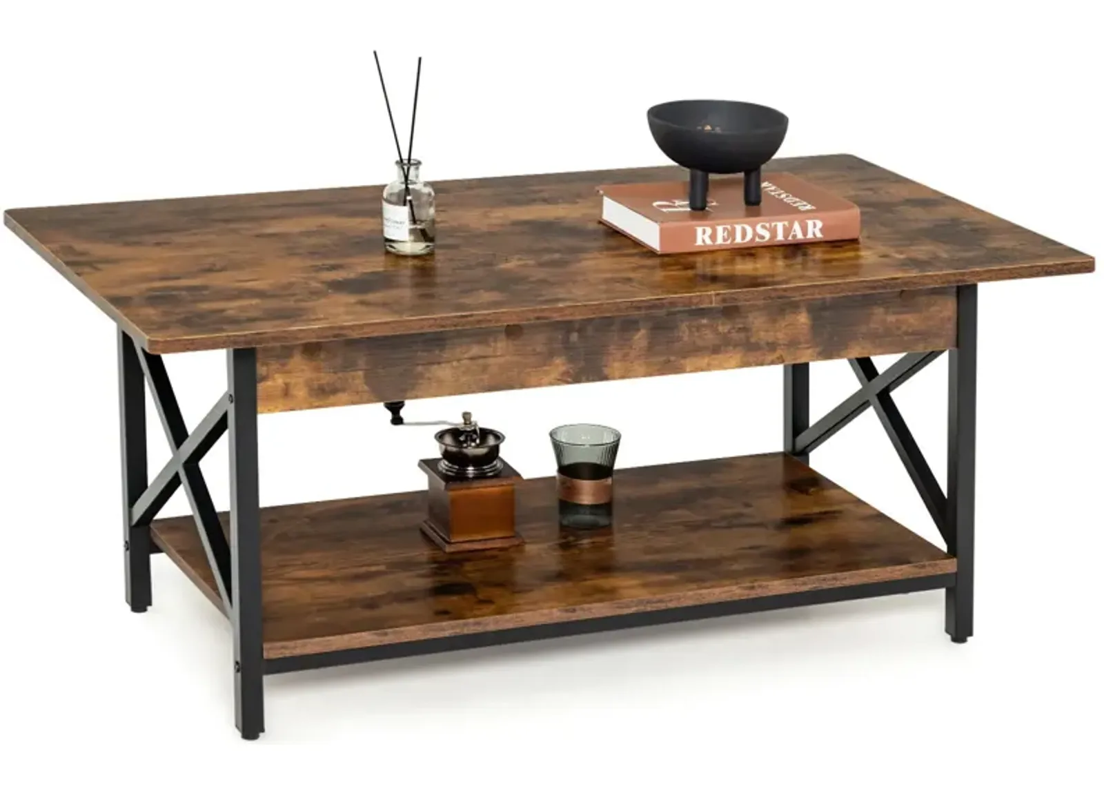 2-Tier Industrial Rectangular Coffee Table with Storage Shelf