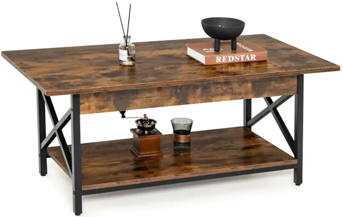 2-Tier Industrial Rectangular Coffee Table with Storage Shelf