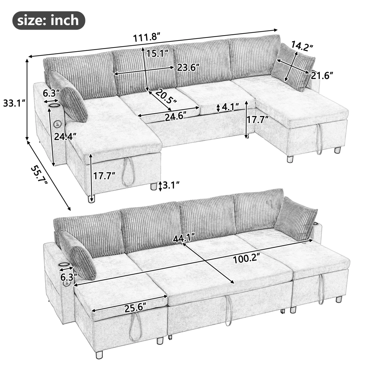 111.8" Sectional Sofa Pull-out Sofa Bed Versatile Sofa Sleeper with Large Storage Space, Two USB Ports and Two Cup Holders for Living Room