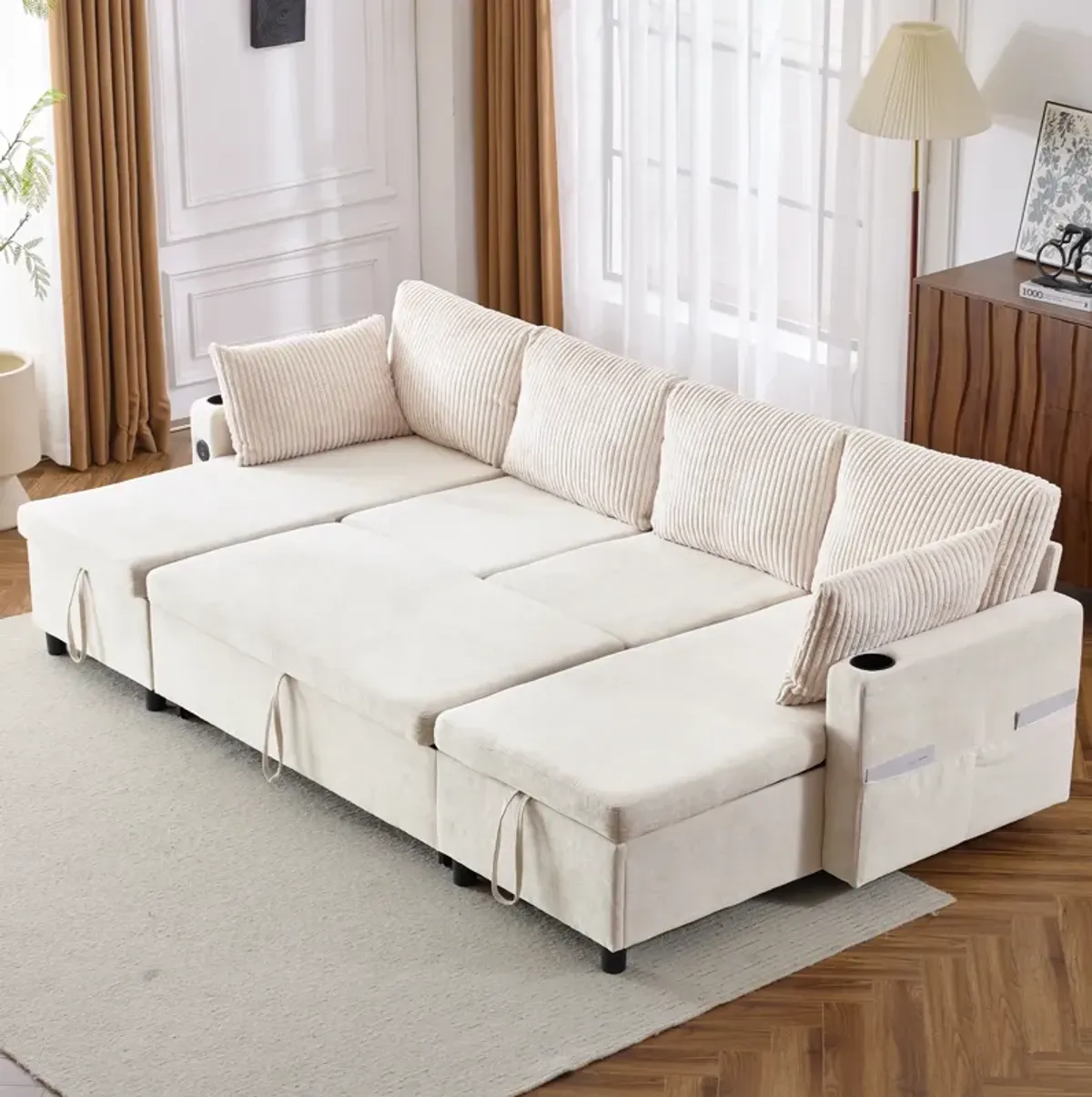 111.8" Sectional Sofa Pull-out Sofa Bed Versatile Sofa Sleeper with Large Storage Space, Two USB Ports and Two Cup Holders for Living Room