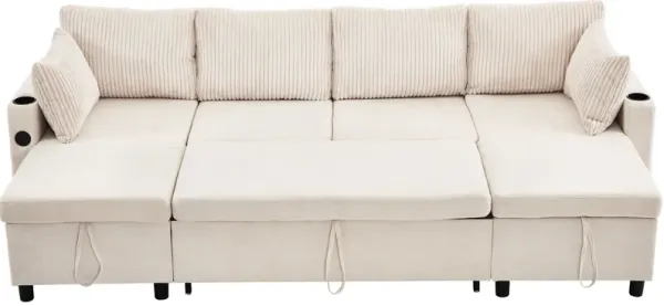 111.8" Sectional Sofa Pull-out Sofa Bed Versatile Sofa Sleeper with Large Storage Space, Two USB Ports and Two Cup Holders for Living Room