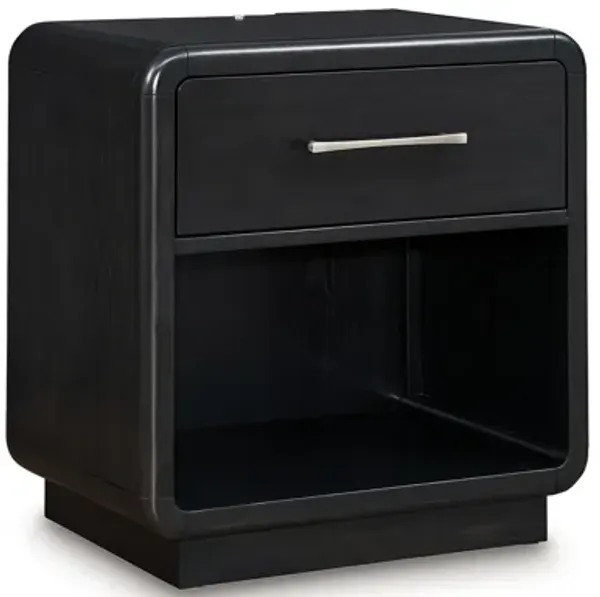 Robeck Nightstand, 1 Drawer, Black 26 Inch, Silver Metal Handles - Benzara