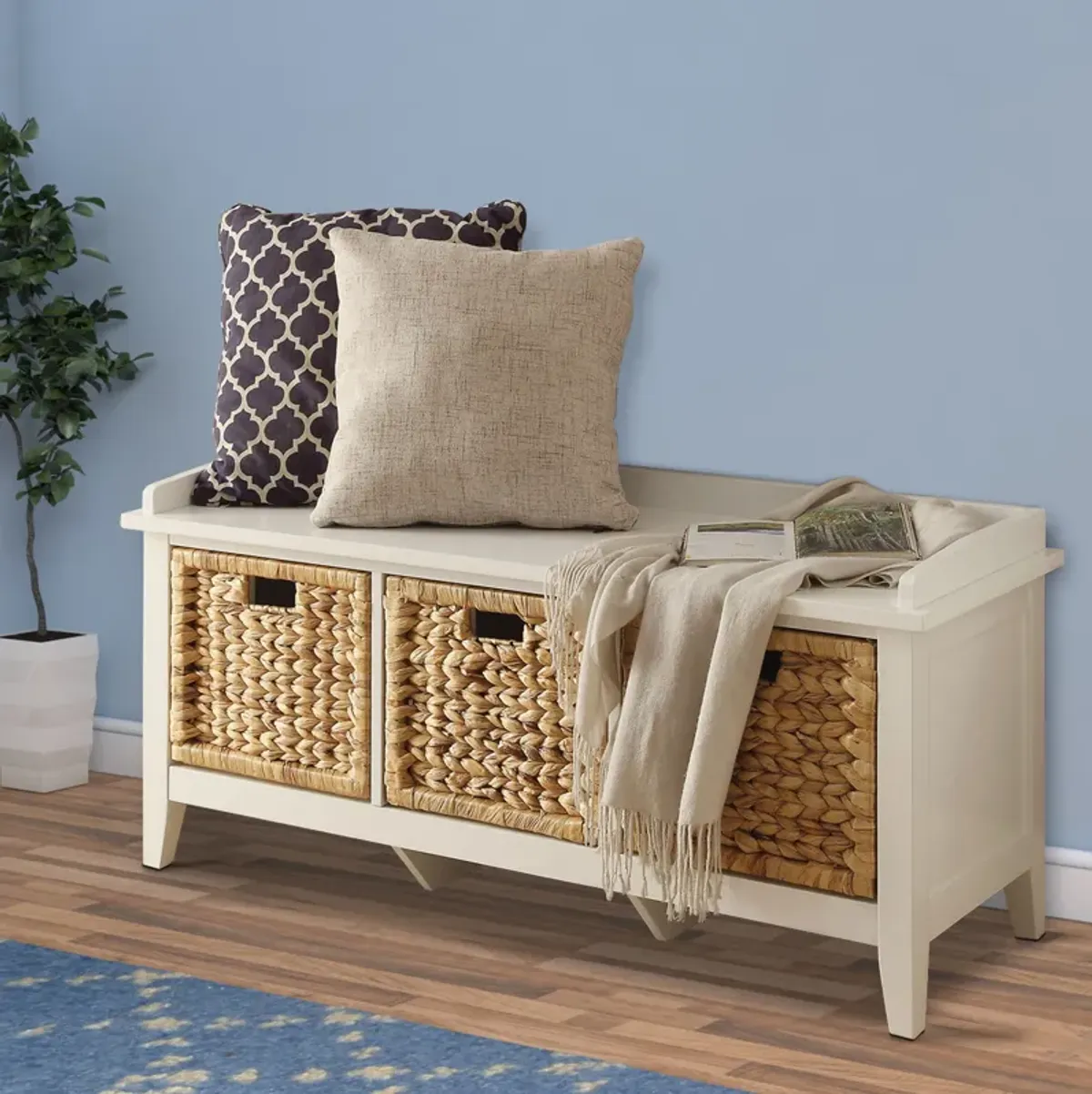 Rectangular Wooden Bench with Storage Basket, White-Benzara