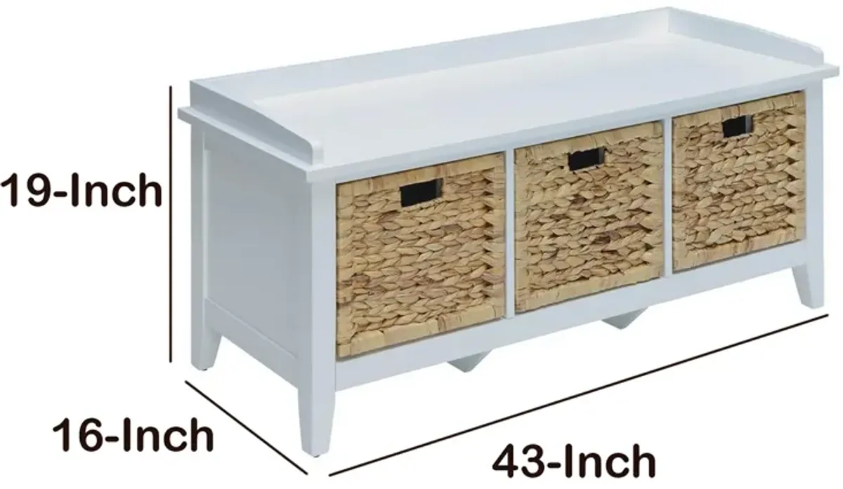 Rectangular Wooden Bench with Storage Basket, White-Benzara