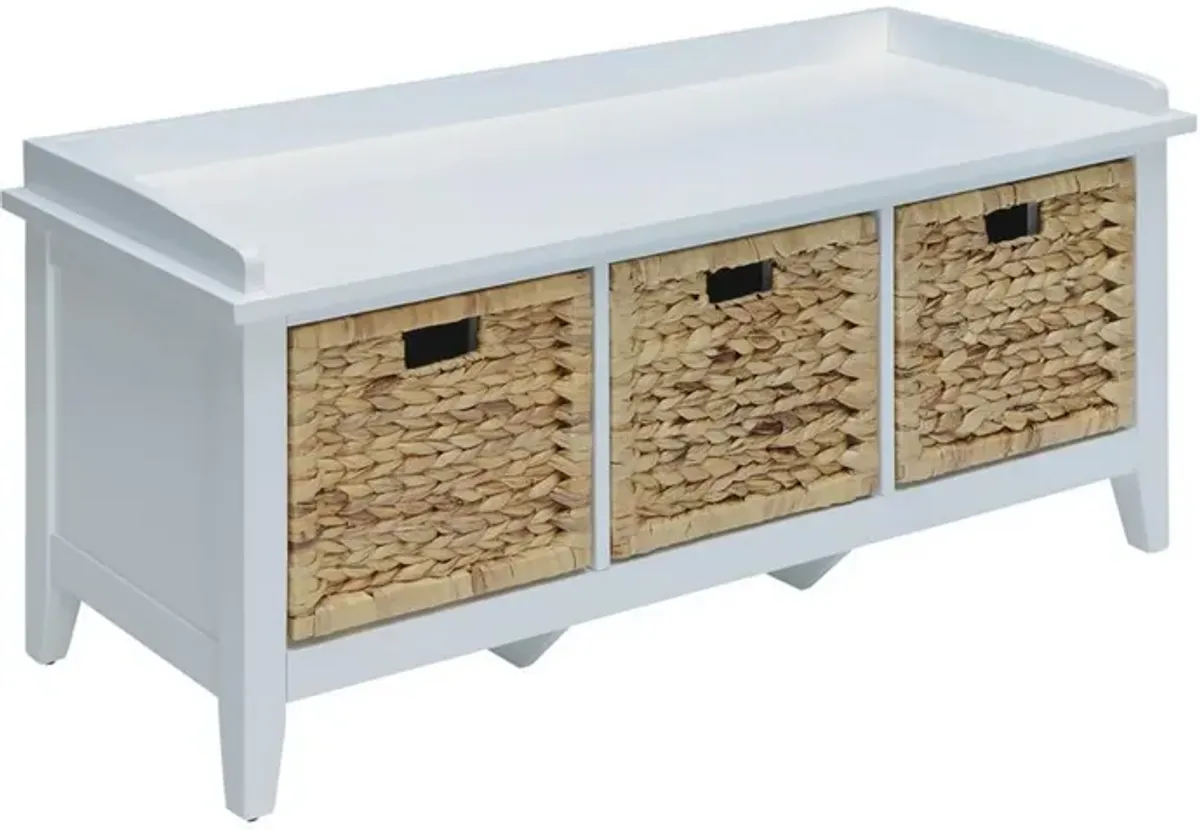 Rectangular Wooden Bench with Storage Basket, White-Benzara