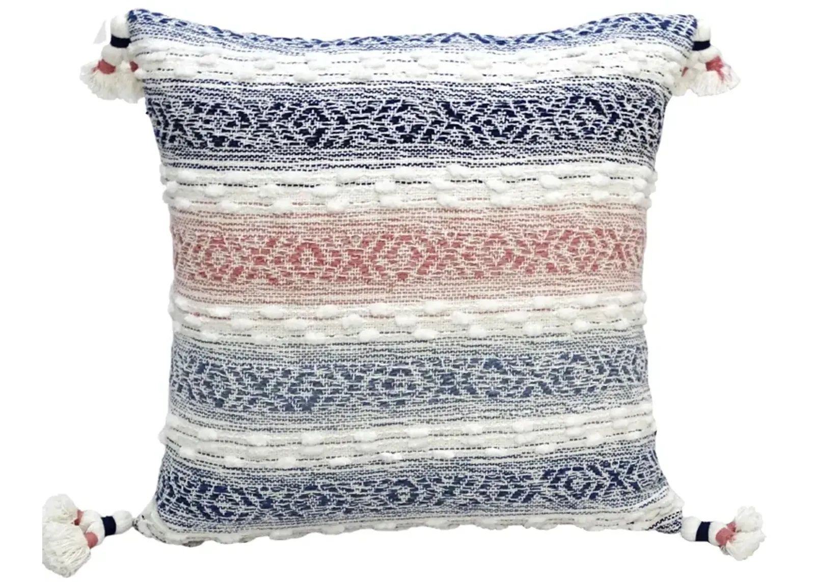 22" Blue and White Throw Pillow for Sofa with Tassels Textured