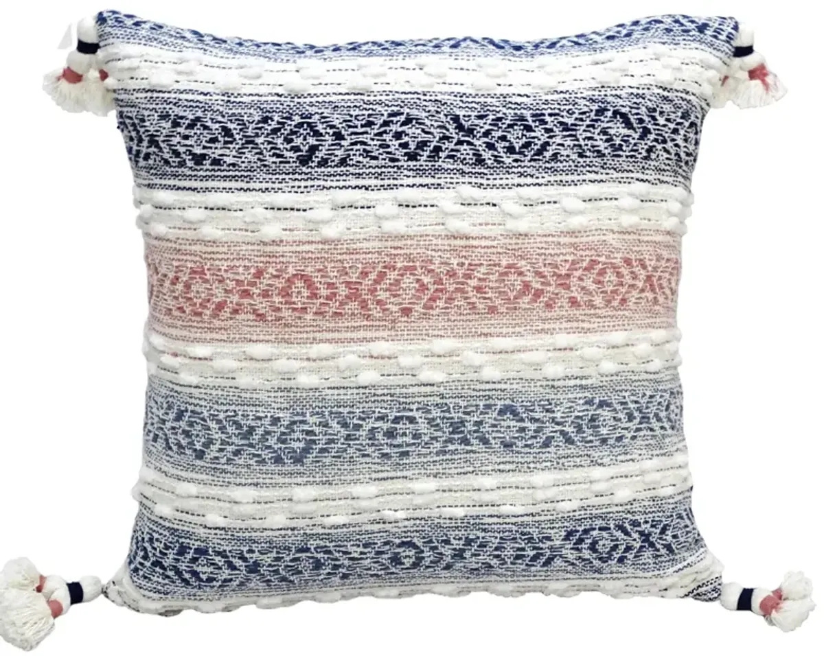 22" Blue and White Throw Pillow for Sofa with Tassels Textured