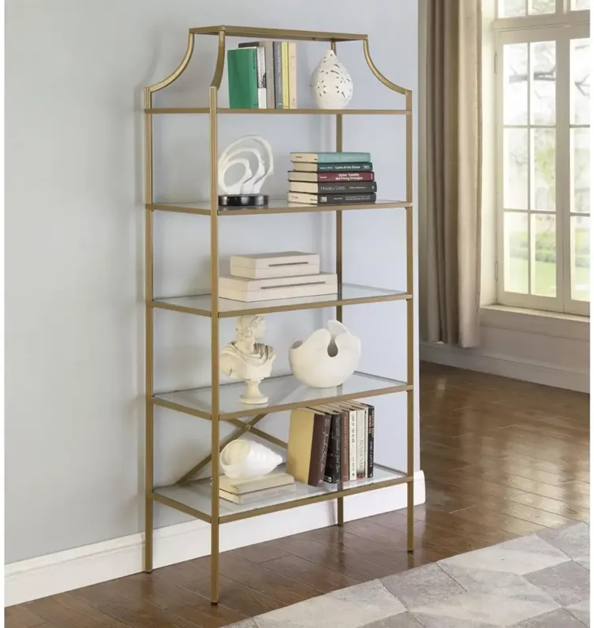 Serena 5-tier Tempered Glass Shelves Bookcase Matte Gold