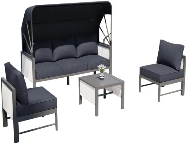 Mondawe Aluminum Patio Furniture Sets, 4 Pieces Outdoor Sectional Sofa with Retractable Canopy, Patio Conversation Set with Cushions for Outdoor