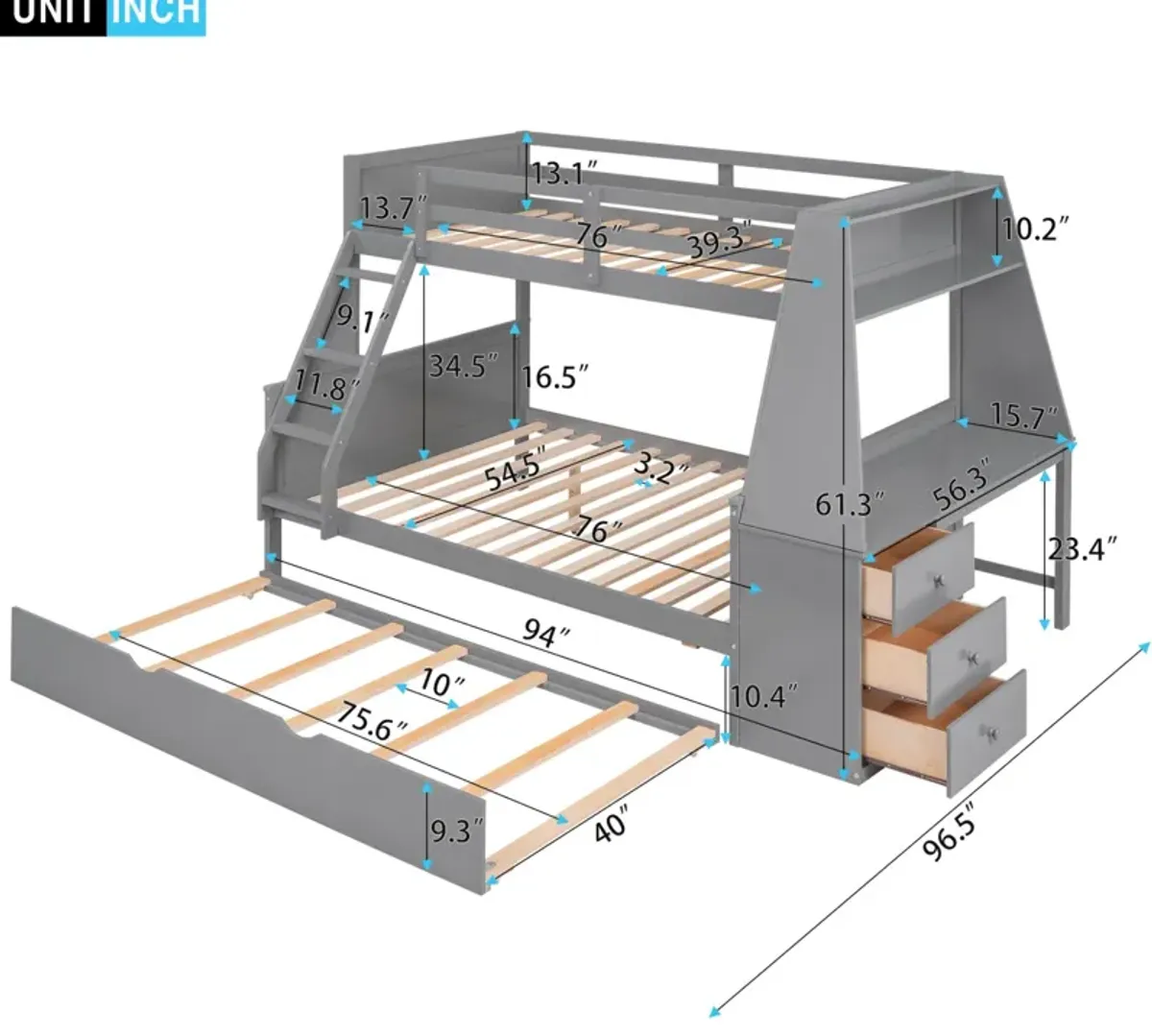 Twin Over Full Bunk Bed With Trundle And Built-In Desk, Three Storage Drawers And Shelf