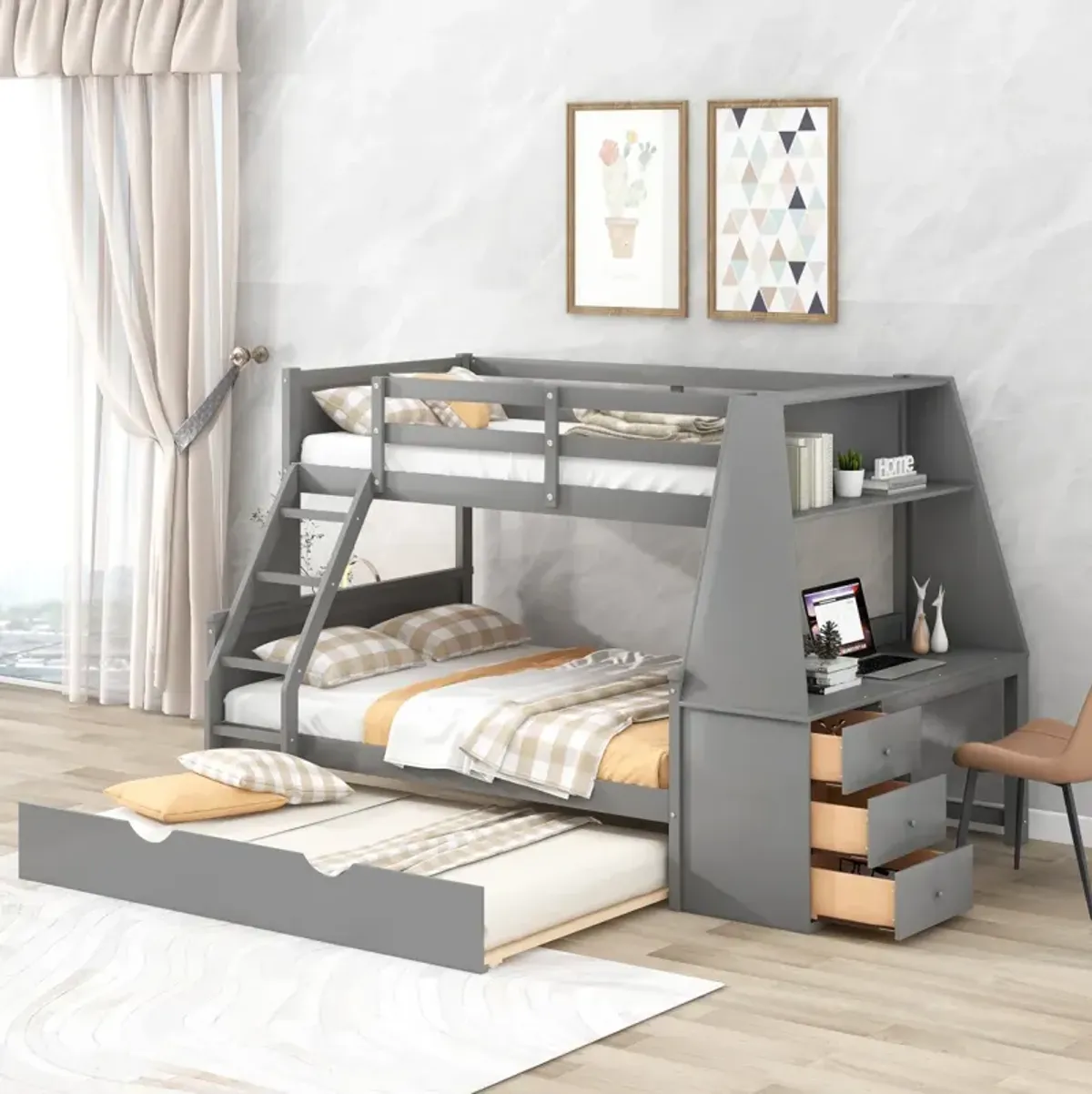 Twin Over Full Bunk Bed With Trundle And Built-In Desk, Three Storage Drawers And Shelf