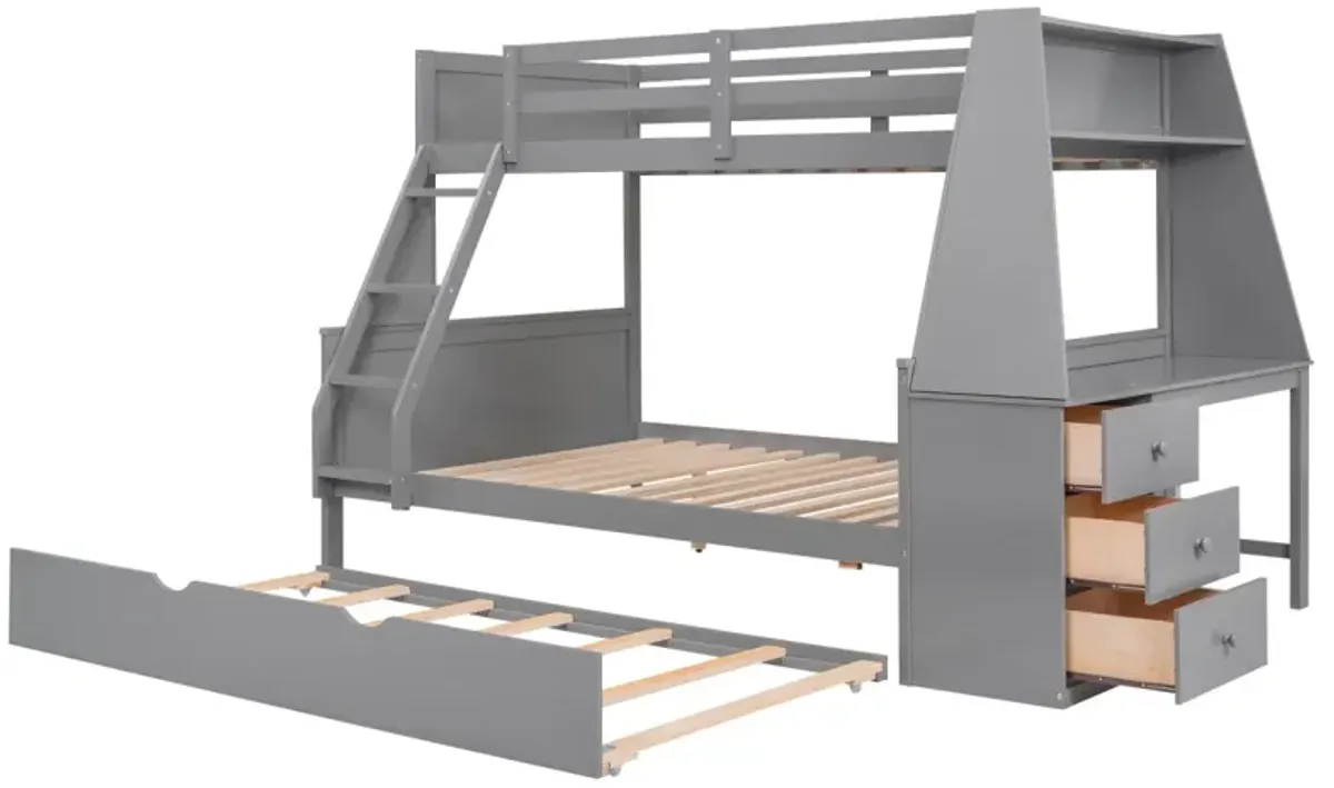 Twin Over Full Bunk Bed With Trundle And Built-In Desk, Three Storage Drawers And Shelf