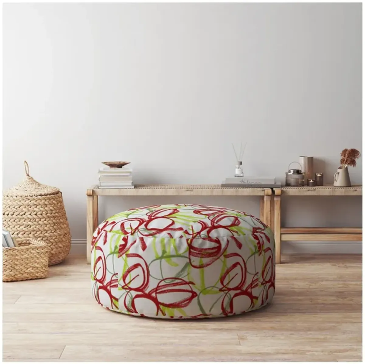 Hivvago 24" White Green And Red Cotton Round Abstract Pouf Ottoman