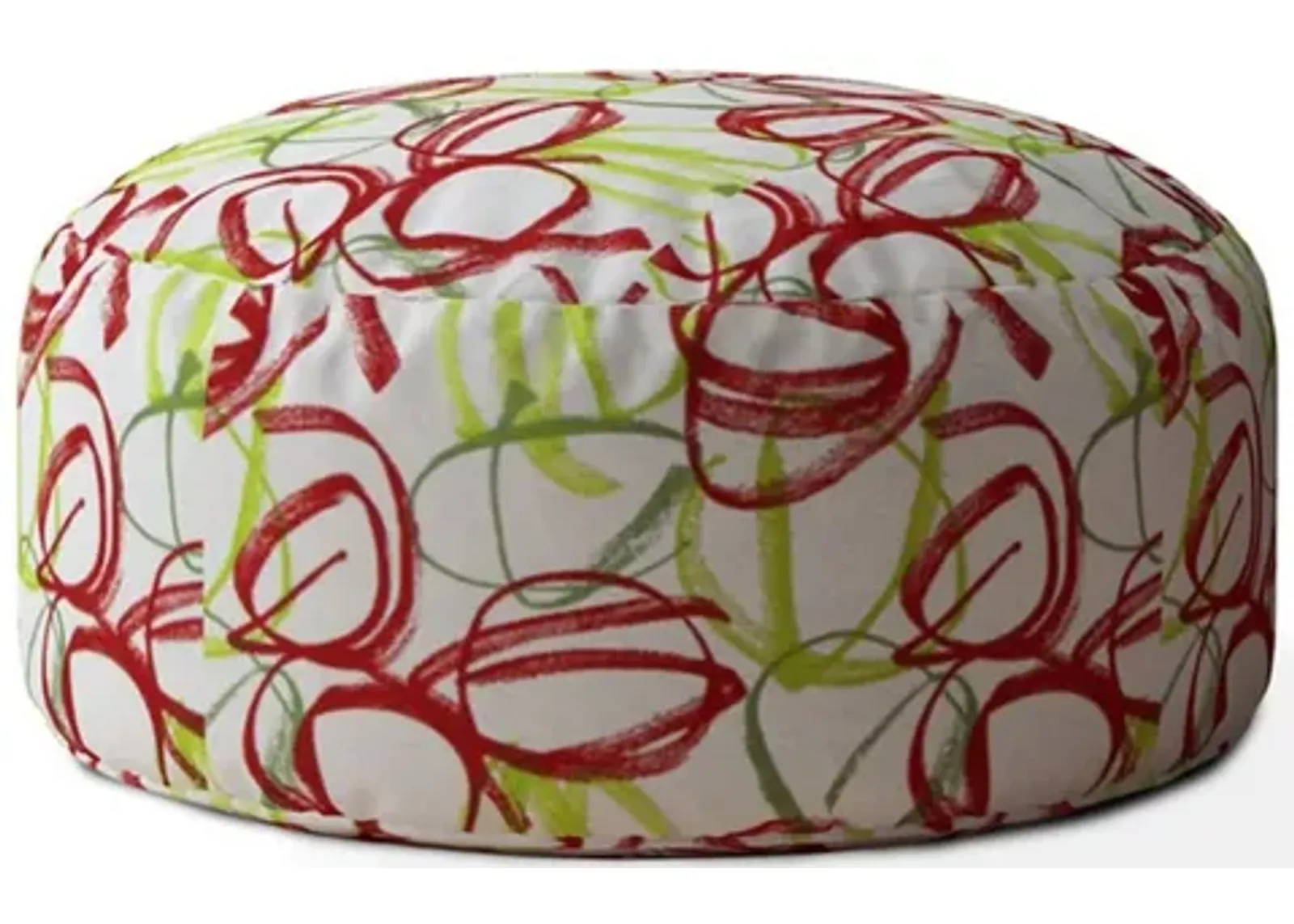 Homezia 24" White Green And Red Cotton Round Abstract Pouf Ottoman