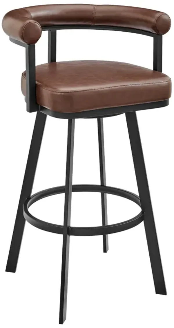 Weni Swivel Barstool Chair, Brown Faux Leather, Black Iron Frame