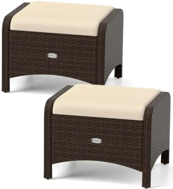 Hivvago 2 Pieces Outdoor Patio PE Wicker Ottomans with Removable Cushions