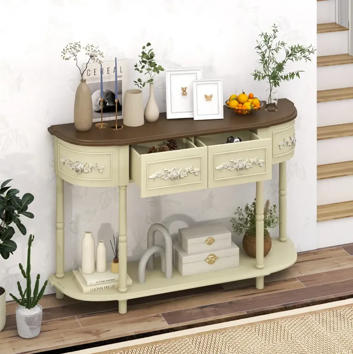 Retro Curved Console Table with Drawers and Solid Wood Legs for Living Room or Entryway