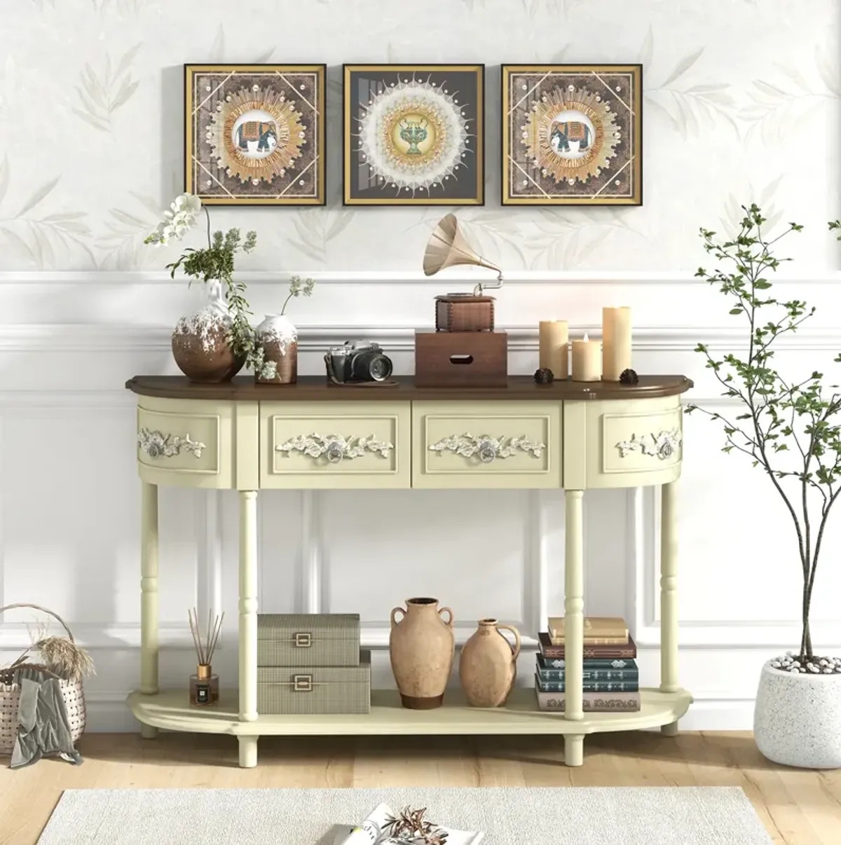 Retro Curved Console Table with Drawers and Solid Wood Legs for Living Room or Entryway