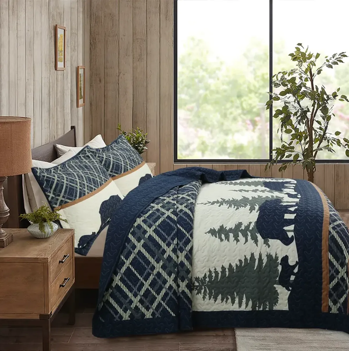 Marcielo 3 Pcs Cabin Lodge Rustic Country Bear Quilt Bedspread Set