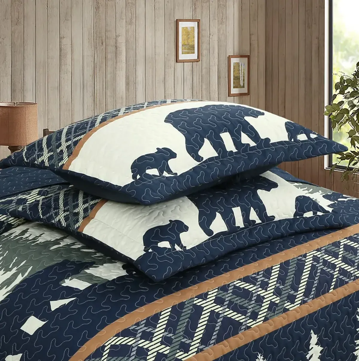 Marcielo 3 Pcs Cabin Lodge Rustic Country Bear Quilt Bedspread Set