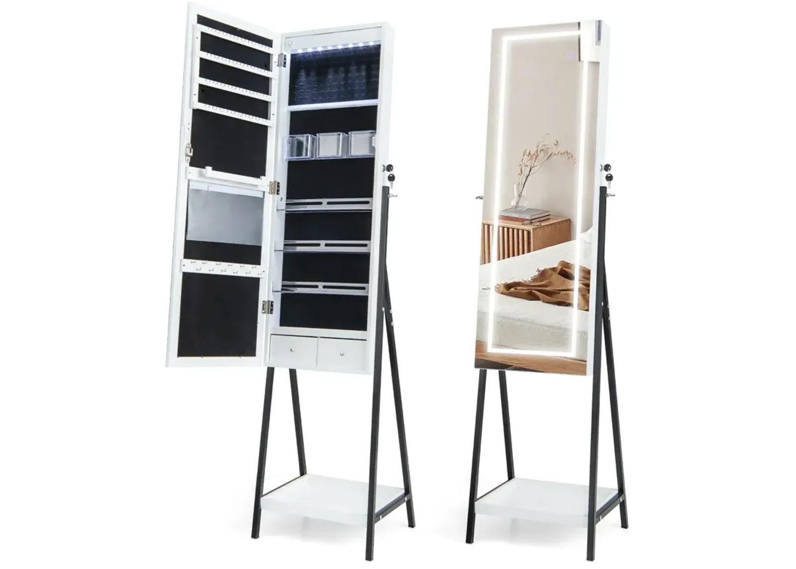 LED Standing Jewelry Mirror Cabinet with 3-Color Lighted Full-Length Mirror