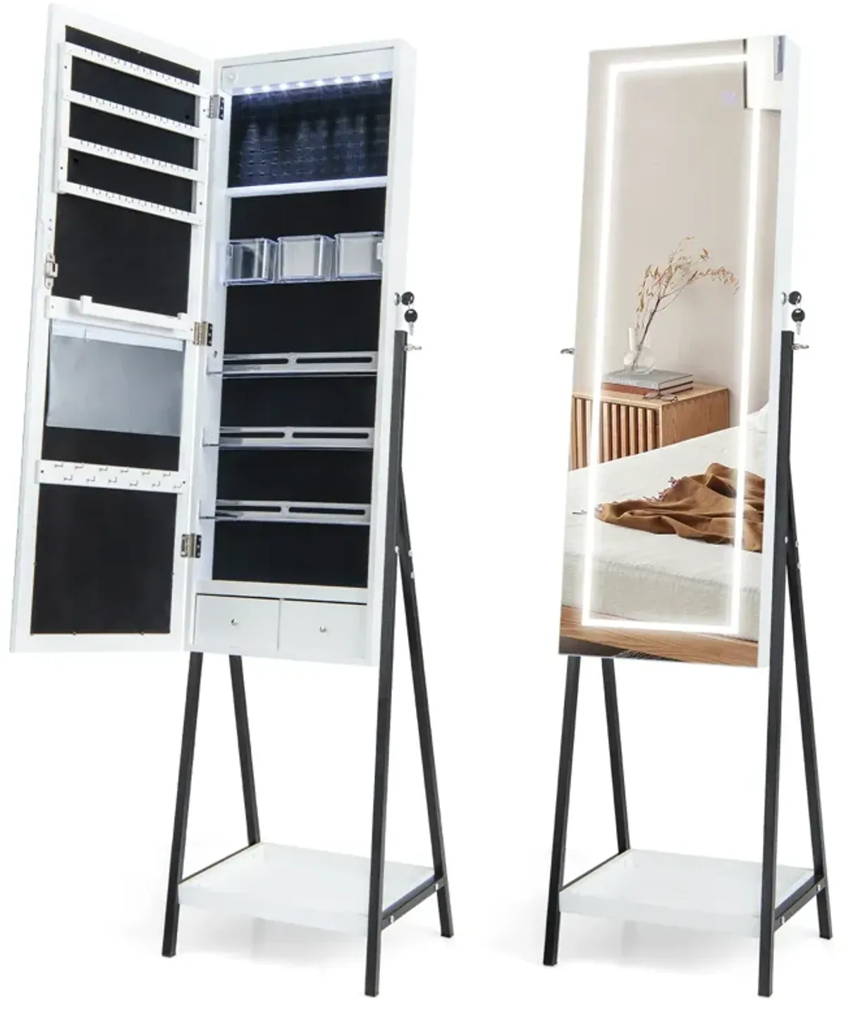 LED Standing Jewelry Mirror Cabinet with 3-Color Lighted Full-Length Mirror