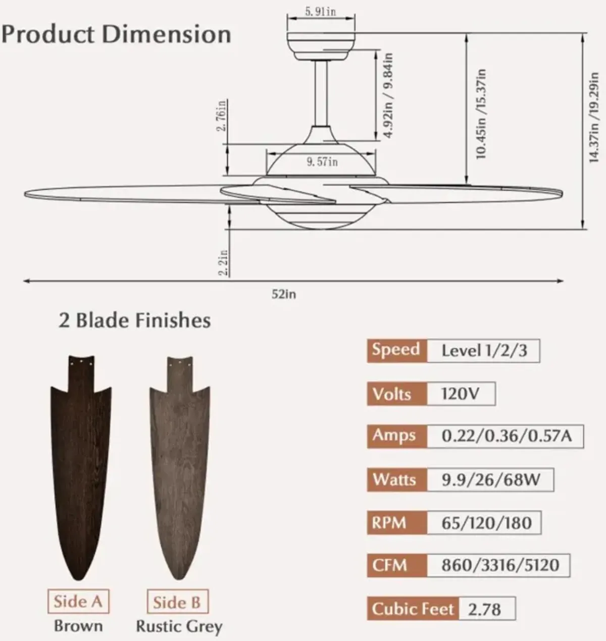 Hivvago 52 Inch Ceiling Fan with Lights and 3 Wind Speeds