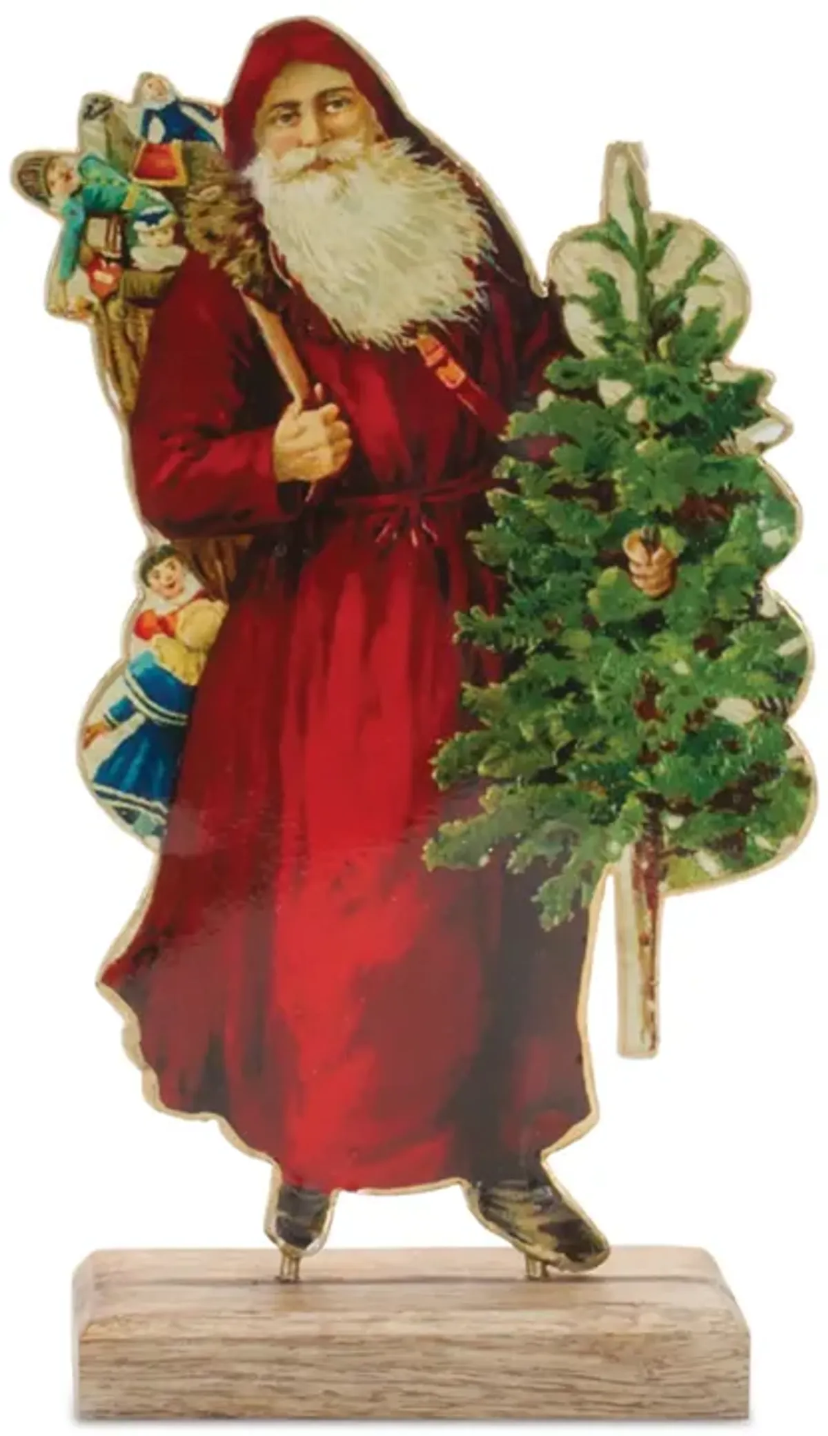 Retro-Style Metal Santa with Wooden Base for Festive Tabletop Accent